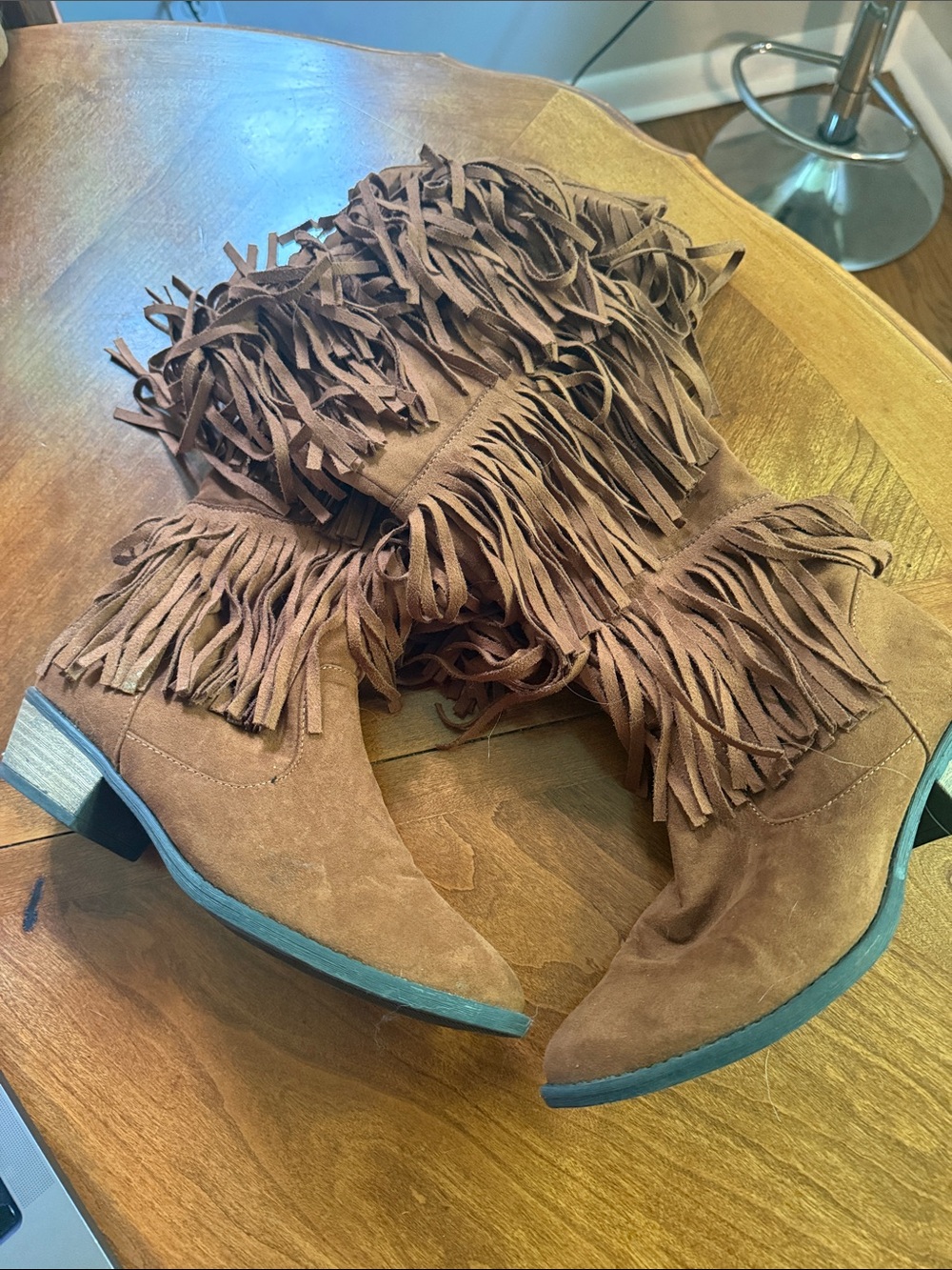 Qupid Brown Suede Triple Fringe Boho Boots